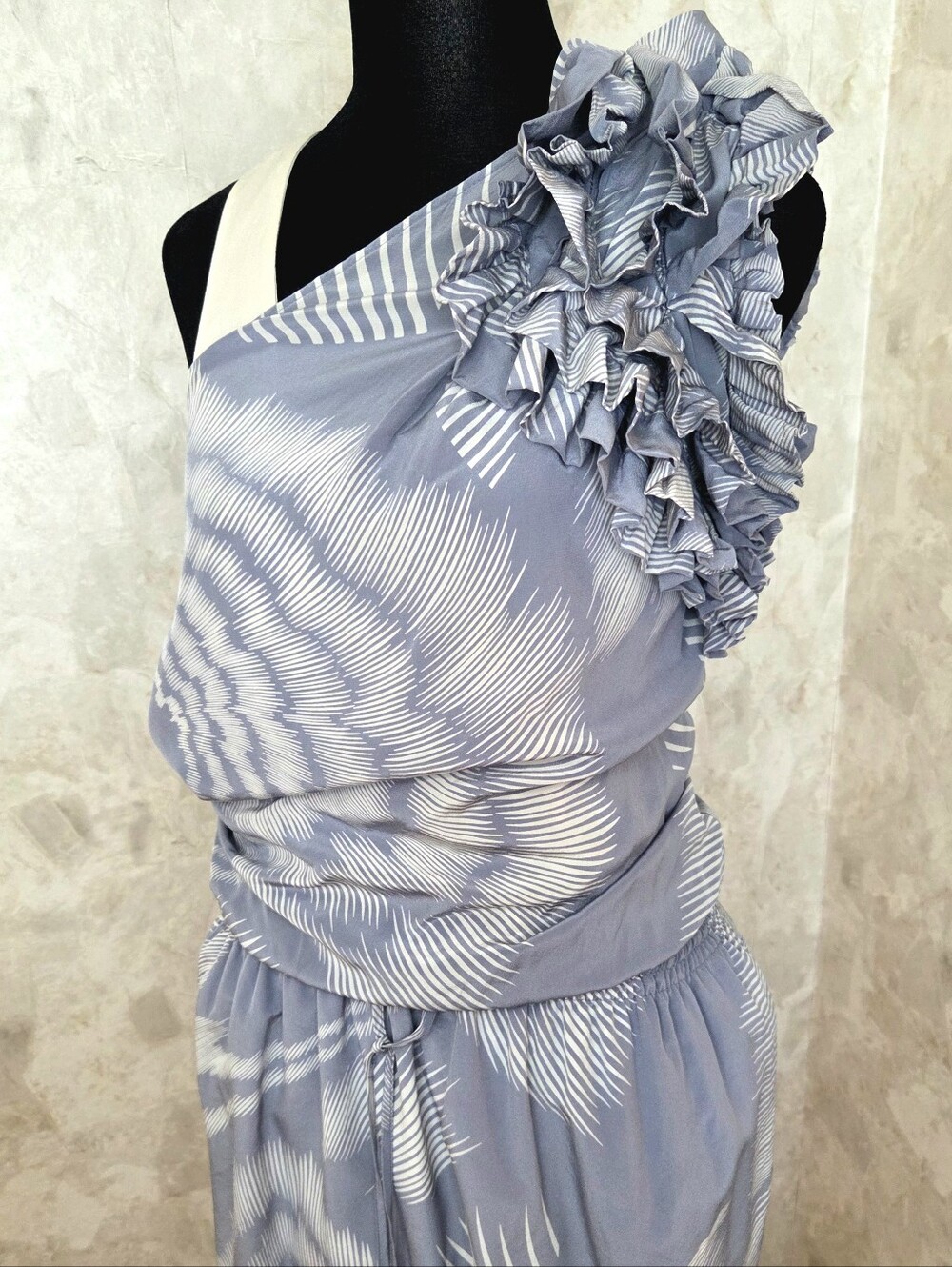 Robert Rodriguez Silk One Shoulder Dress Size 6 Blue White Ruffle Resort Vacatio